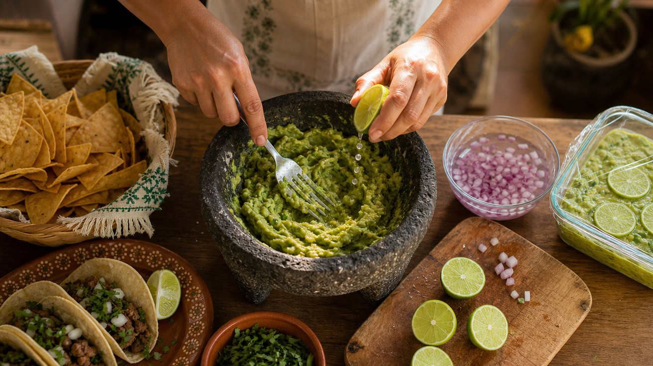 Pessoa espremendo limão sobre guacamole em pilão, com tacos, chips de tortilha e ingredientes ao redor.