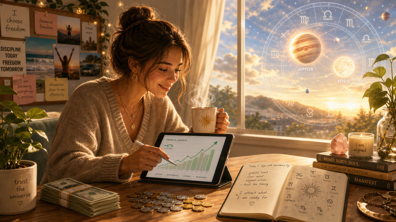 Mulher sorridente analisa gráfico financeiro em tablet, com moedas, cadernos e símbolos astrológicos ao fundo.