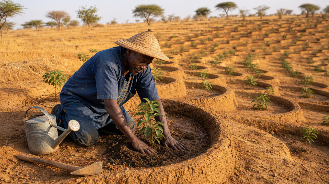 Homem com chapéu regando e plantando muda em solo com círculos de terra em área árida.