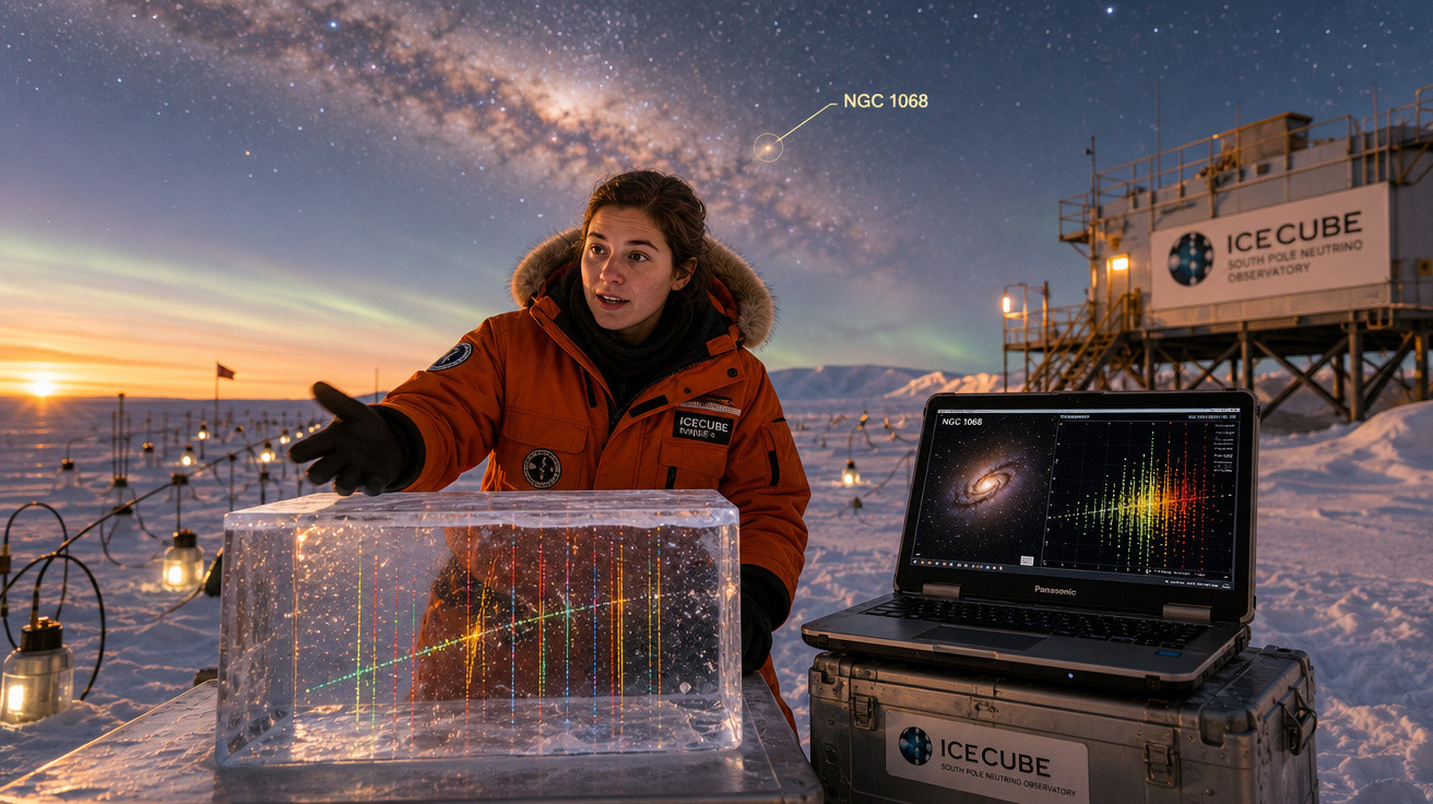Pesquisadora no Pólo Sul com bloco de gelo iluminado e tela de computador exibindo dados astronômicos à noite.