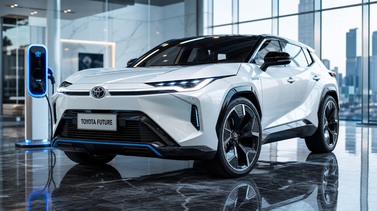 Carro elétrico branco Toyota Future estacionado em showroom moderno com painel de carregamento.