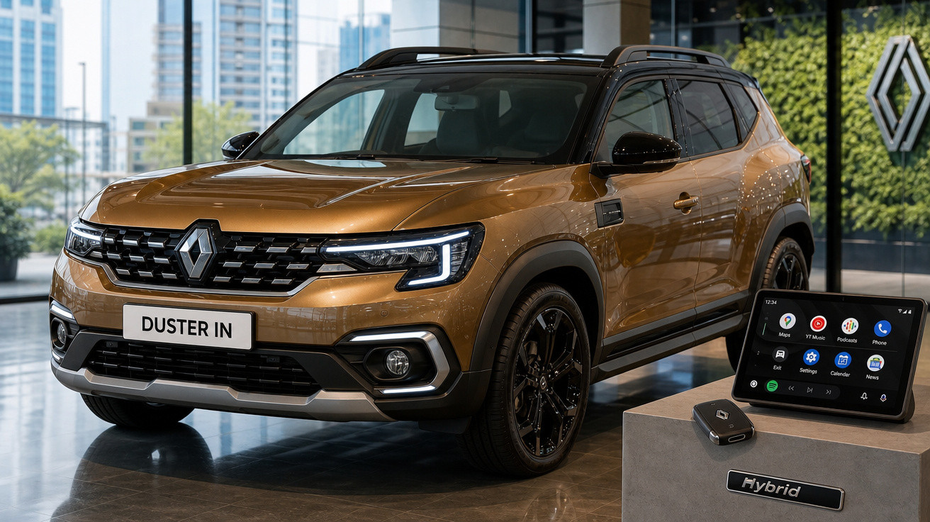 Carro Renault Duster IN bronze exibido em showroom moderno com painel digital e chave híbrida.