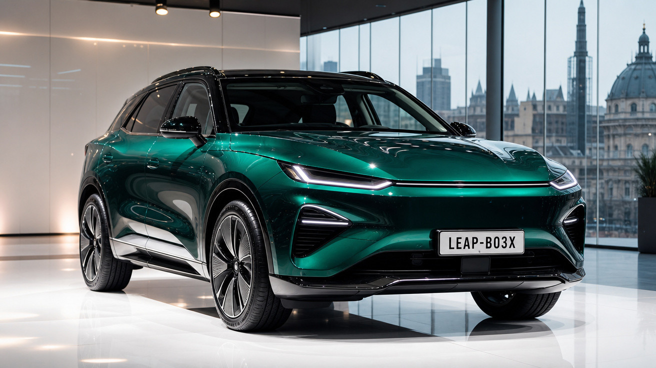 Carro elétrico verde metálico LEAP B03X em exposição interna com vista urbana ao fundo.