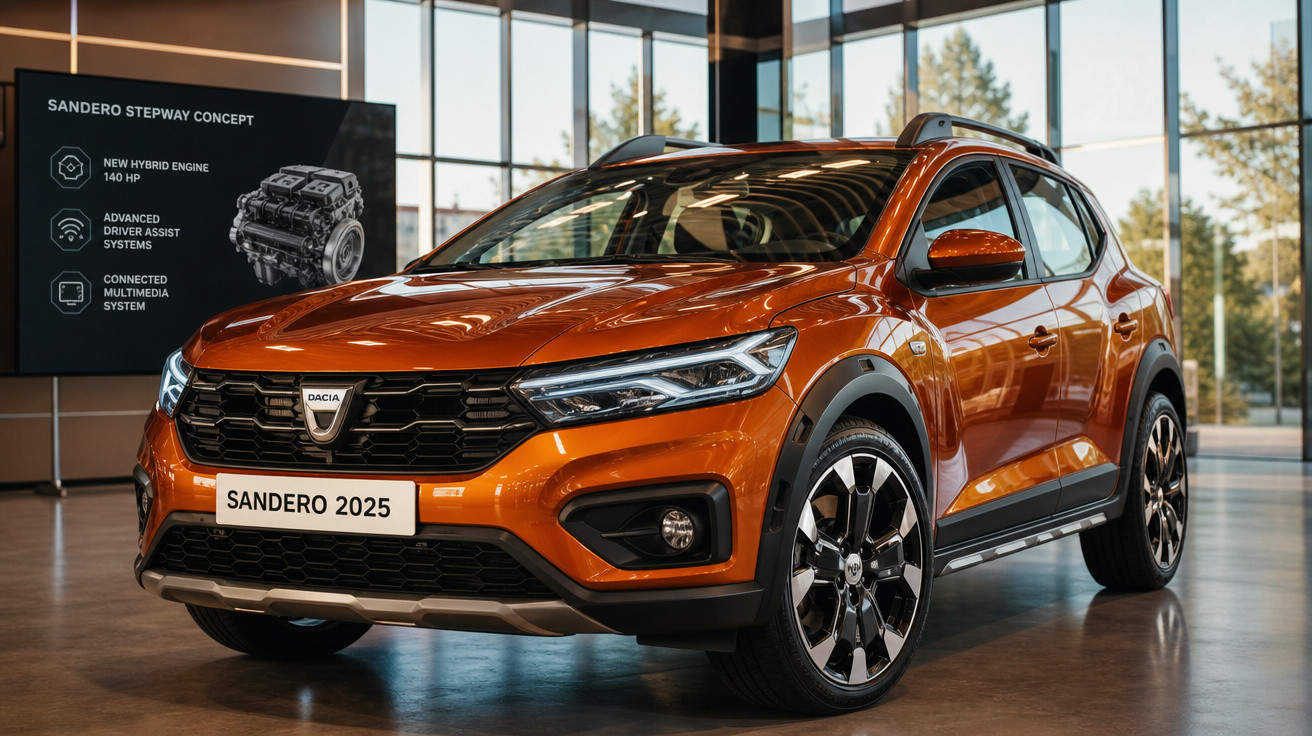 Carro Dacia Sandero 2025 laranja em exposição dentro de showroom moderno com vidros amplos.