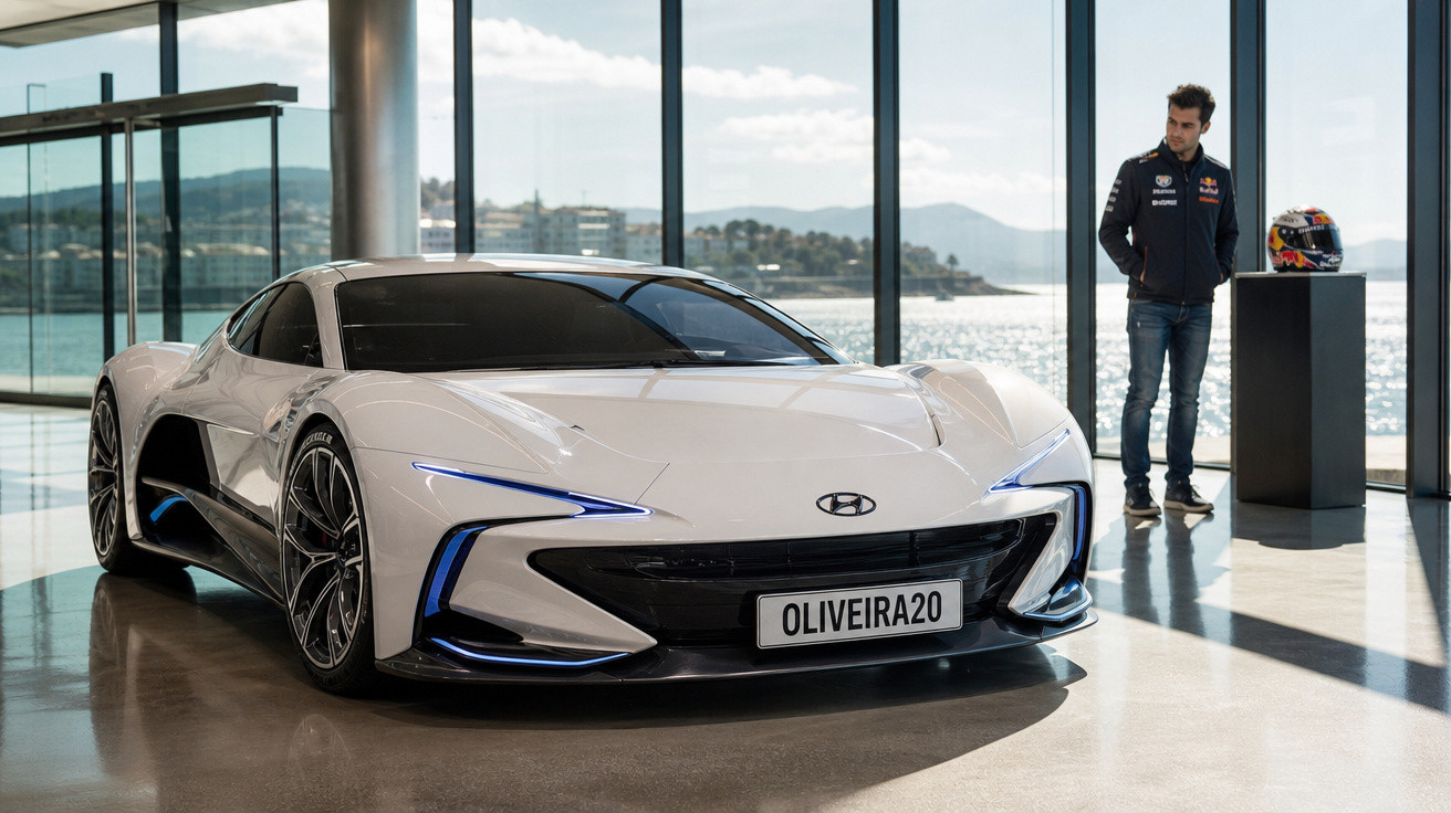 Carro esportivo elétrico branco em exposição com homem e capacete ao fundo em ambiente moderno e iluminado.