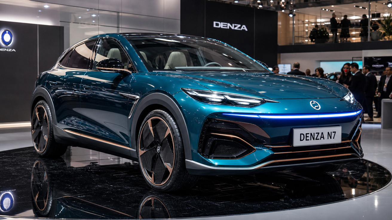 Carro elétrico azul Denza N7 exposto em salão automotivo, com design moderno e rodas grandes.