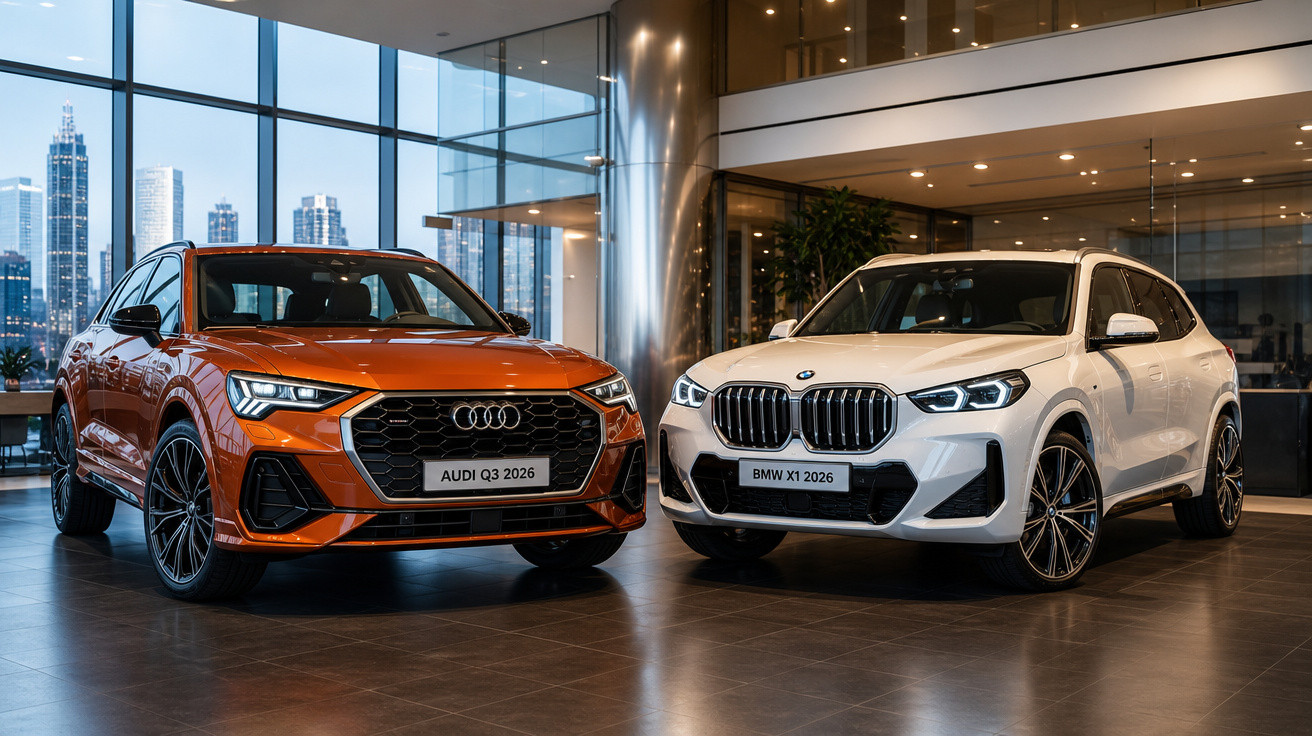 Dois SUVs 2026, Audi Q3 laranja e BMW X1 branco, exibidos em showroom moderno com fachada de vidro.