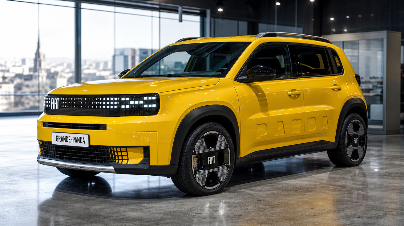 SUV Fiat Grande Panda amarelo estacionado em showroom moderno com piso de concreto polido.