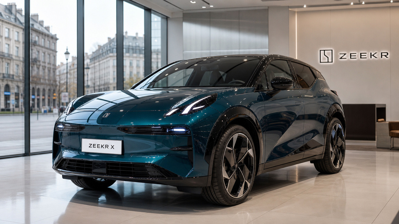 Carro elétrico Zeekr X azul em exibição interna com janelas grandes e logo da marca no fundo.