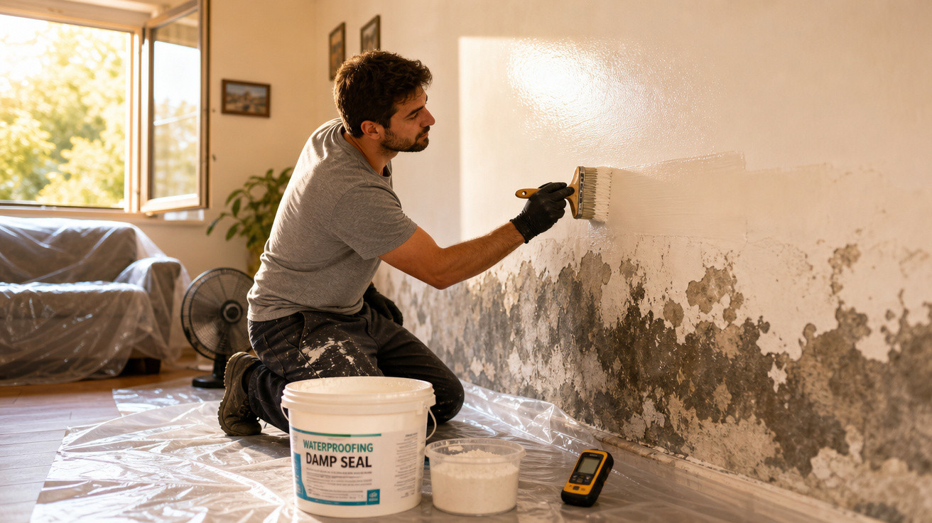 Homem aplicando produto impermeabilizante em parede com mofo dentro de casa.