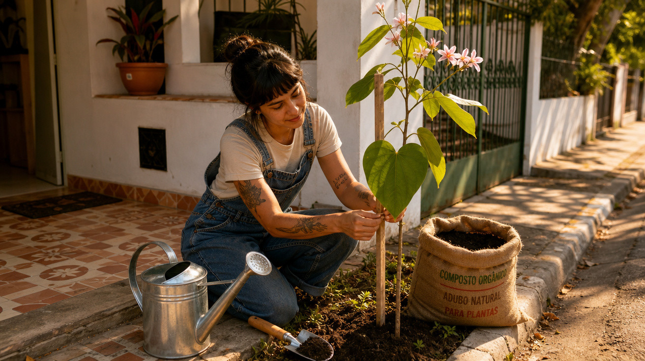 Mulher cuidando de planta com flores rosas na calçada, ao lado de regador e saco de composto orgânico.