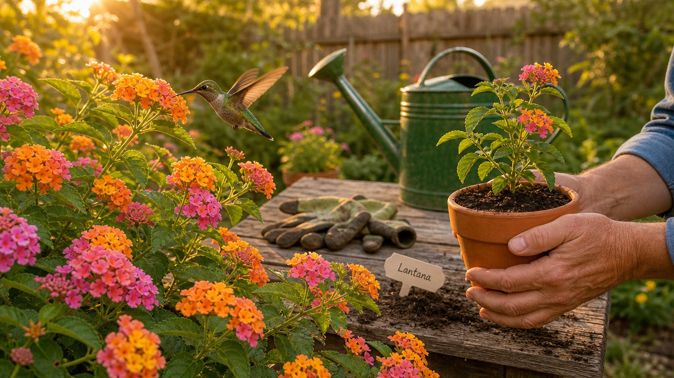 Pássaro beija-flor voando próximo a flores coloridas e pessoa segurando vaso com muda de lantana em jardim ao pôr do sol.