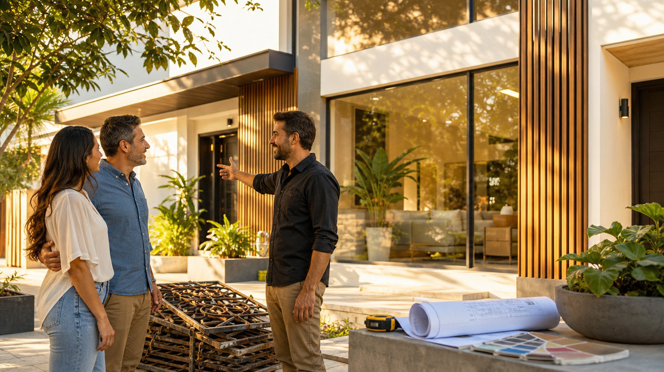 Casal visita corretor mostrando a fachada de casa moderna com plantas e decoração externa.