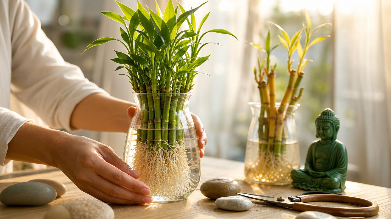Pessoa ajusta vaso de bambu-da-sorte com raízes expostas em ambiente iluminado e zen.