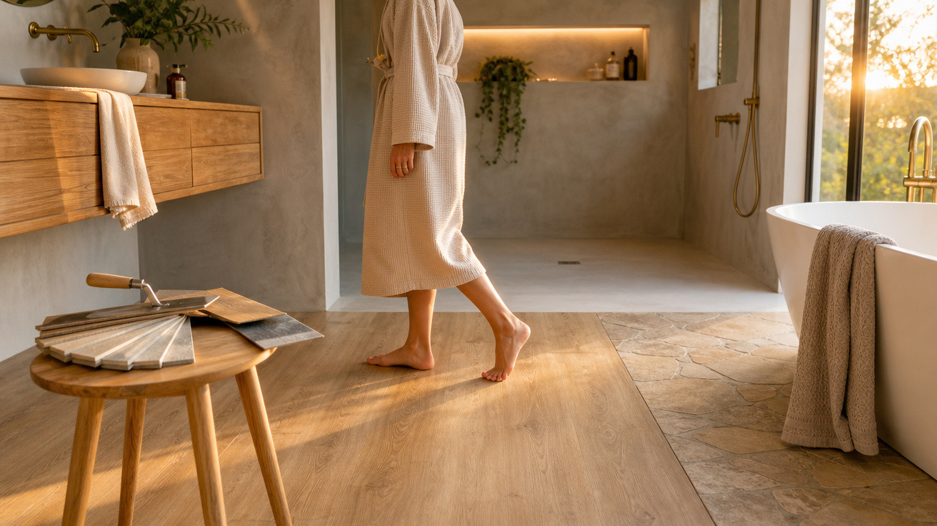 Pessoa de robe branco caminhando em banheiro moderno com luz natural e decoração minimalista.