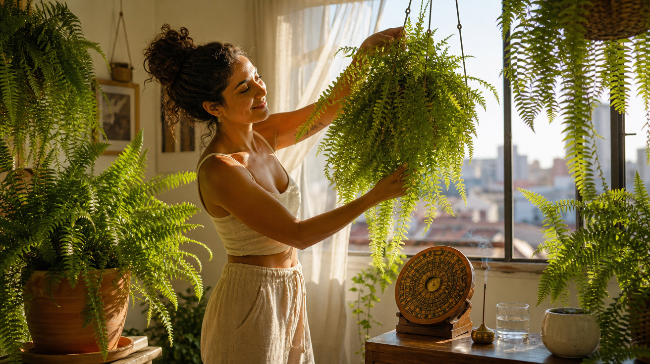 Mulher cuidando de samambaias em ambiente iluminado, com sol entrando pela janela ao fundo.