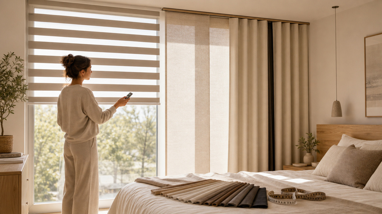 Mulher ajustando persiana em quarto com cama, cortinas e amostras de tecidos sobre a cama.