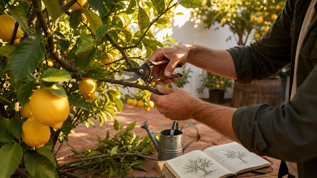 Pessoa podando ramo de limoeiro com tesoura de poda em jardim ensolarado, livro aberto com desenhos botânicos.