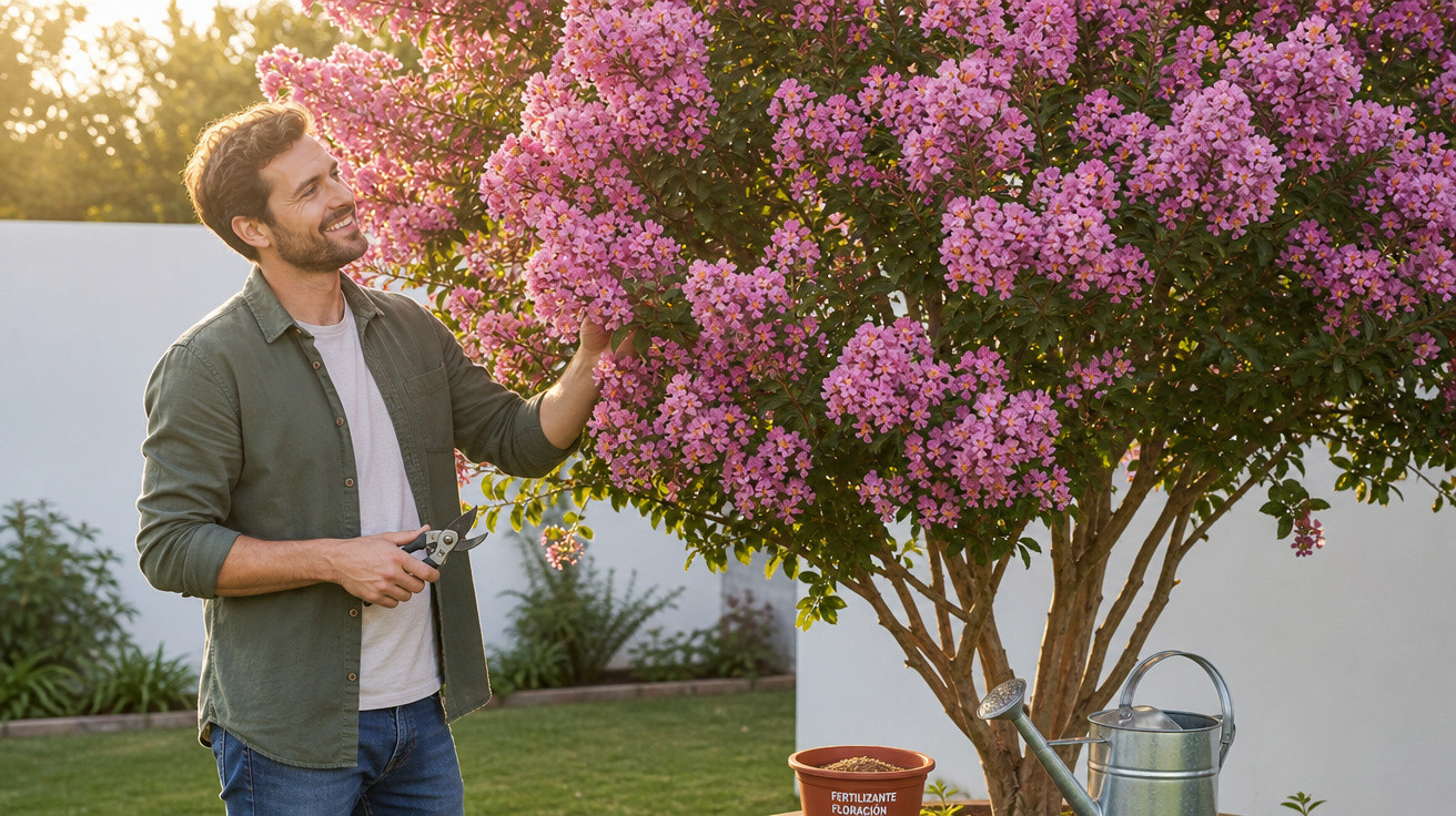 Homem sorridente podando árvore florida com flores rosas em jardim ensolarado ao entardecer.