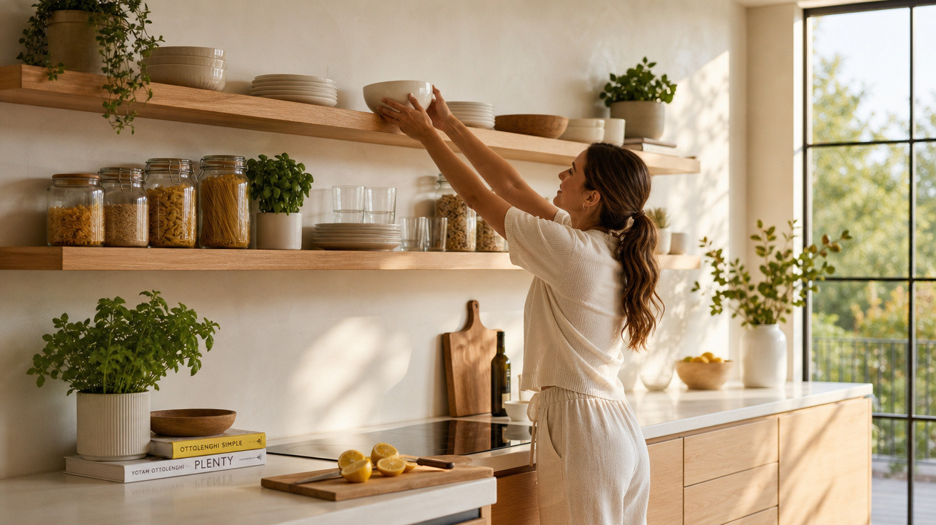 Mulher alcançando tigela em prateleira de cozinha clara com plantas e potes organizados.