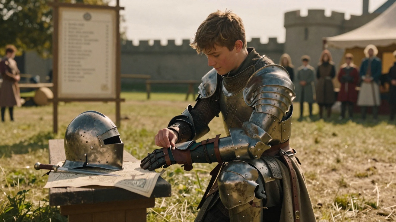 Jovem cavaleiro em armadura ajusta a luva sentado em banco, com capacete e pessoas ao fundo em campo medieval.