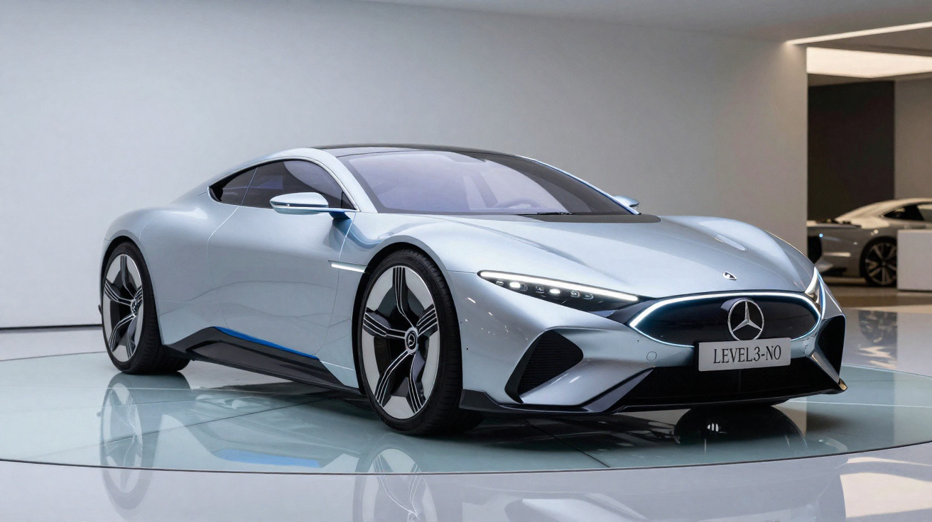 Carro esportivo elétrico prata da Mercedes-Benz em exposição interna com design futurista e aerodinâmico.