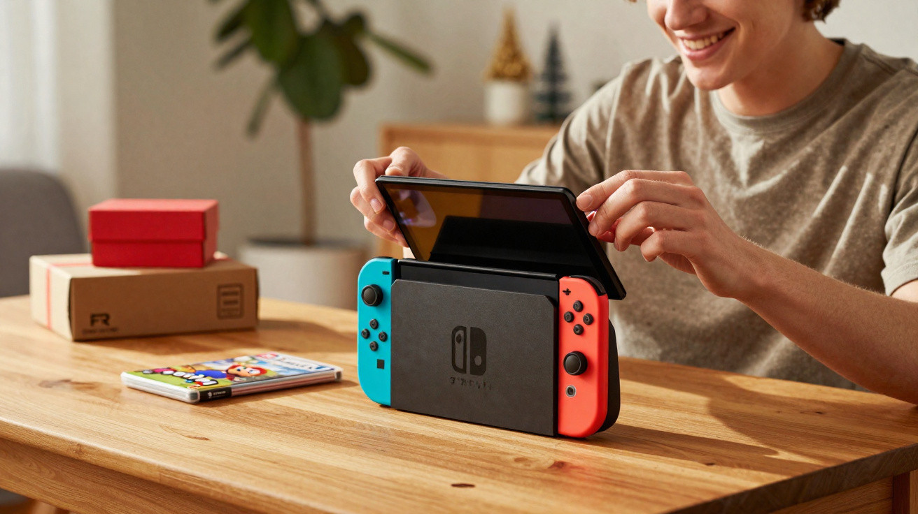 Pessoa abrindo console Nintendo Switch sobre mesa de madeira com jogo e caixas ao fundo.
