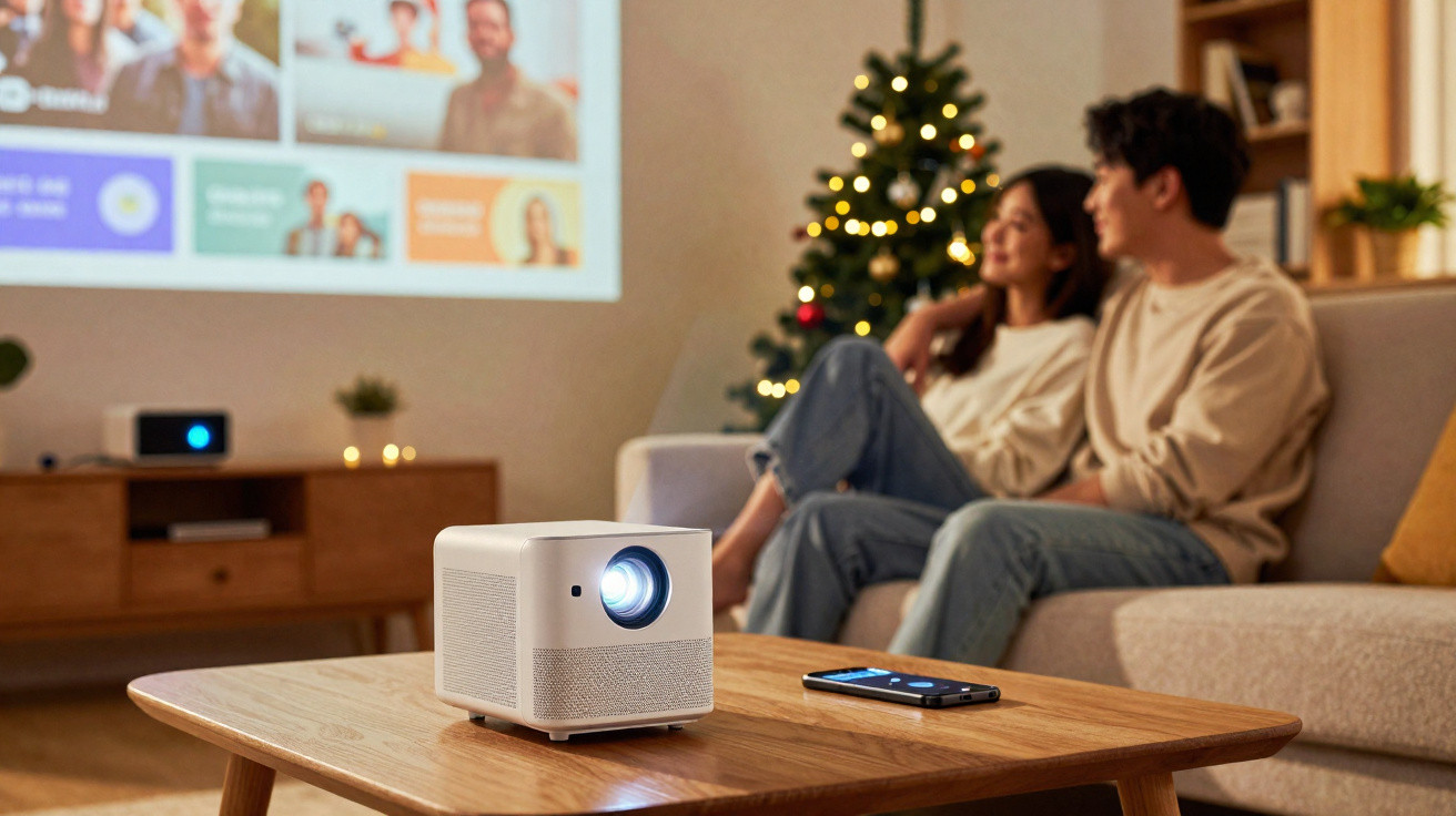 Projetor ligado em mesa de madeira com casal assistindo filme no sofá decorado com árvore de Natal.