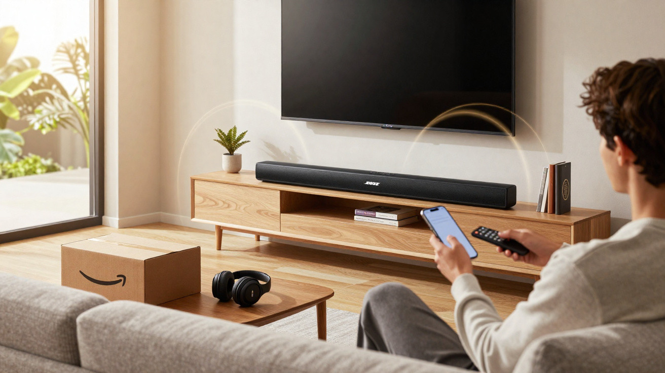 Pessoa sentada no sofá usando celular e controle remoto diante de televisão com soundbar e fones na mesa.
