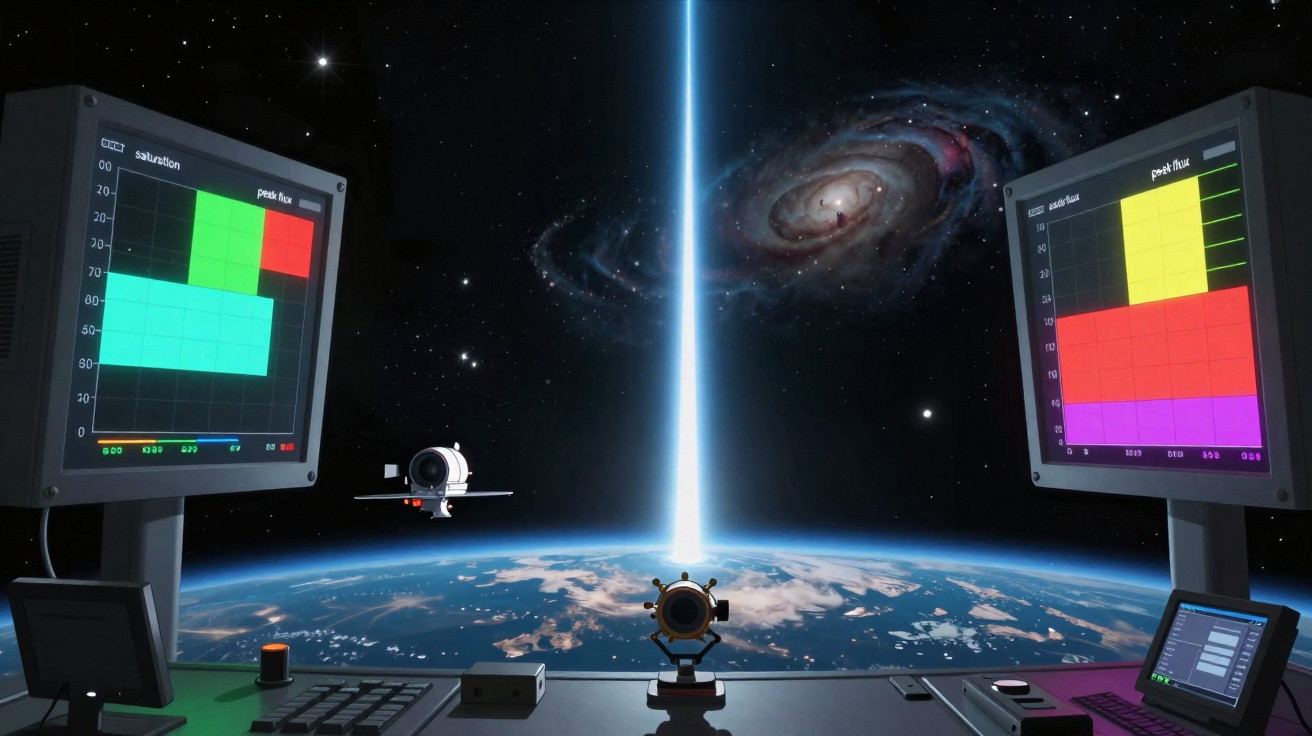 Estação espacial com telas digitais observa um feixe de luz saindo da Terra rumo ao espaço sideral.