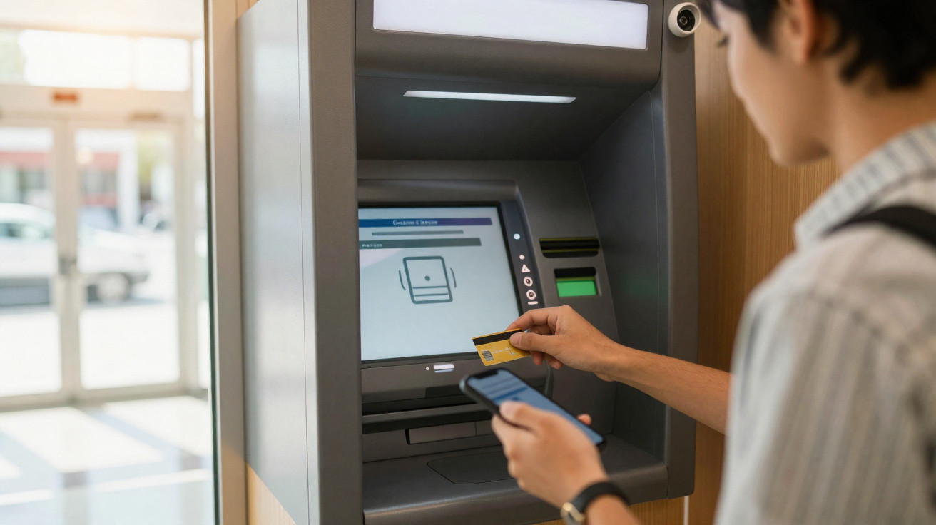 Pessoa usando cartão e celular em caixa eletrônico para realizar transação bancária.