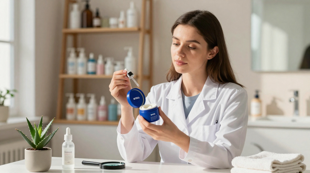 Mulher com jaleco branco aplicando creme facial da Nivea em ambiente de laboratório ou clínica estética.