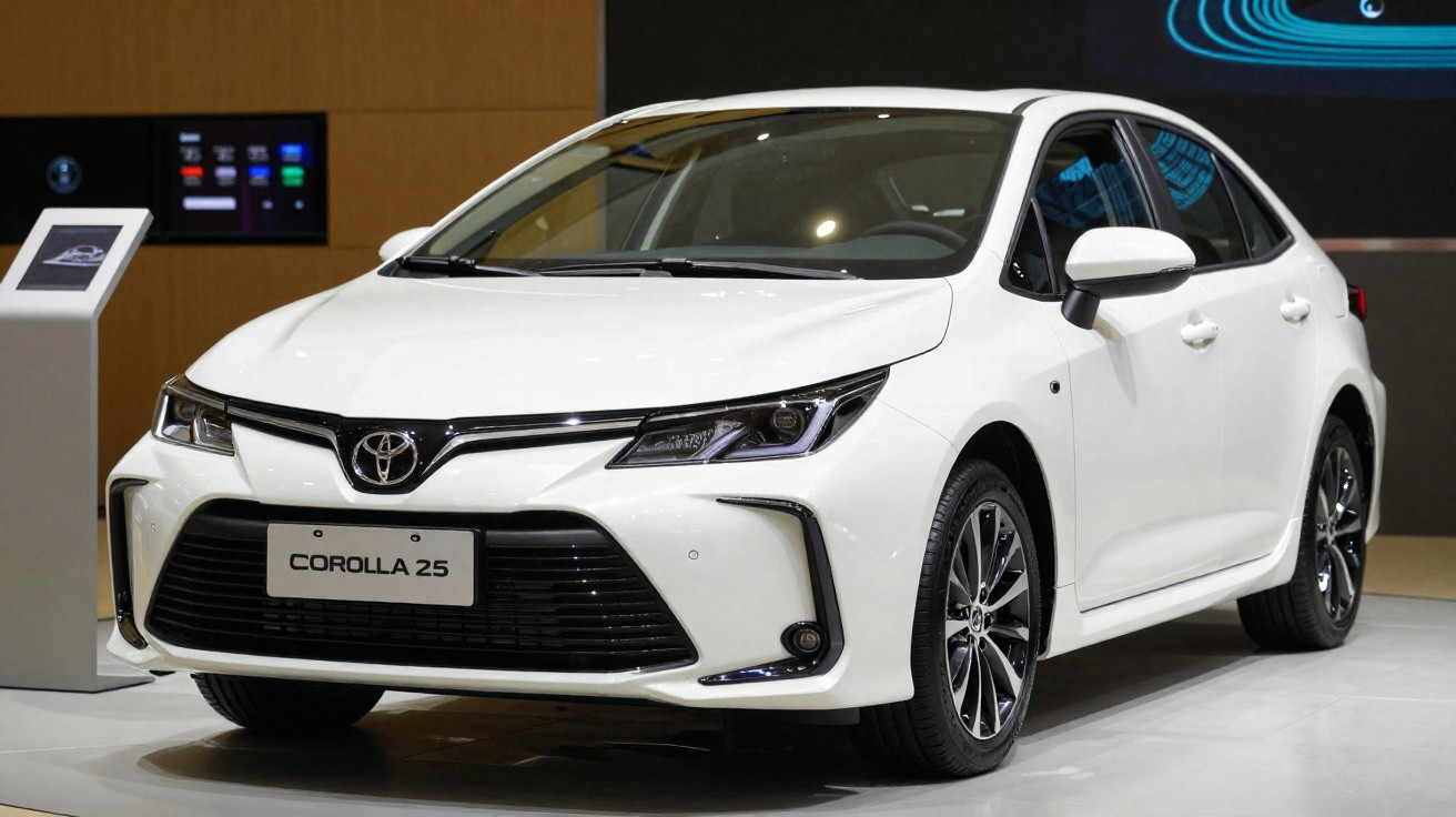 Carro branco Toyota Corolla 25 exibido em salão com iluminação interna.