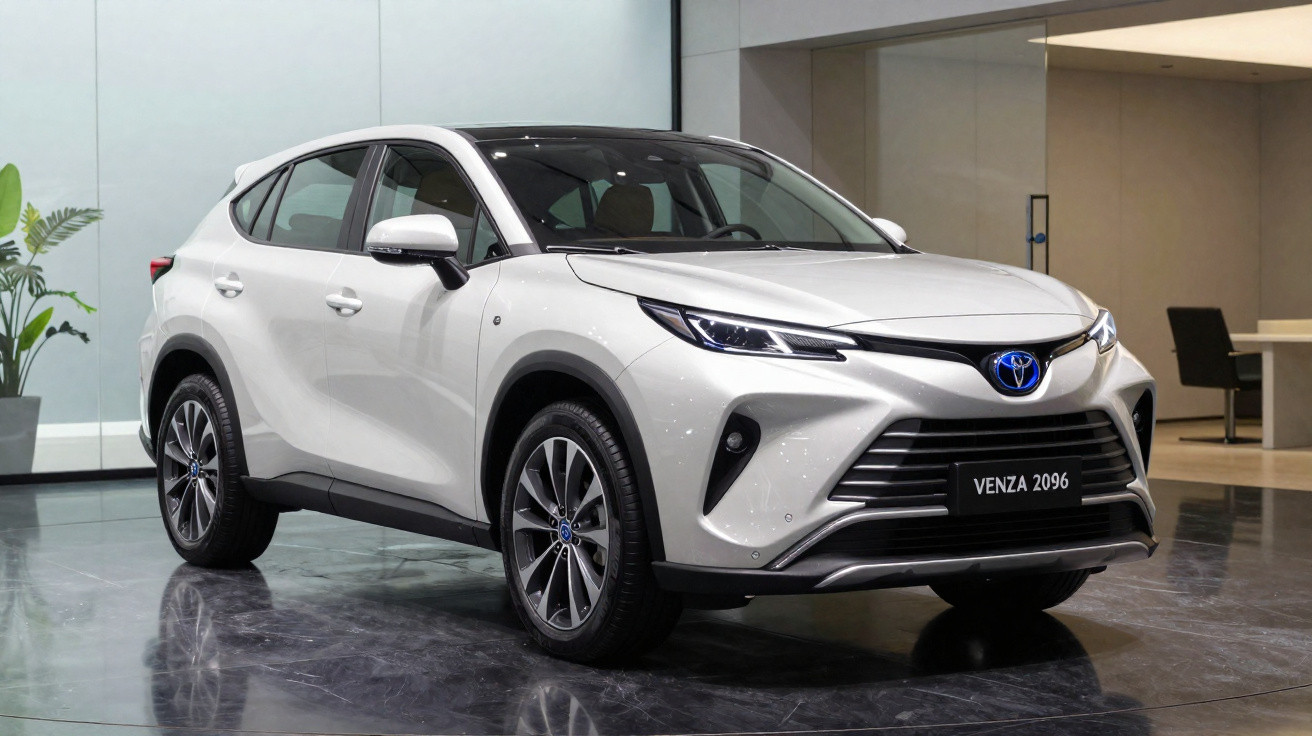 Carro SUV branco Toyota Venza 2096 estacionado em ambiente interno moderno.