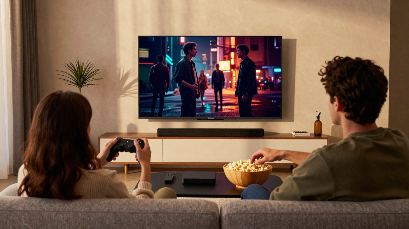 Casal sentado no sofá assistindo TV e jogando videogame com tigela de pipoca na mesa.