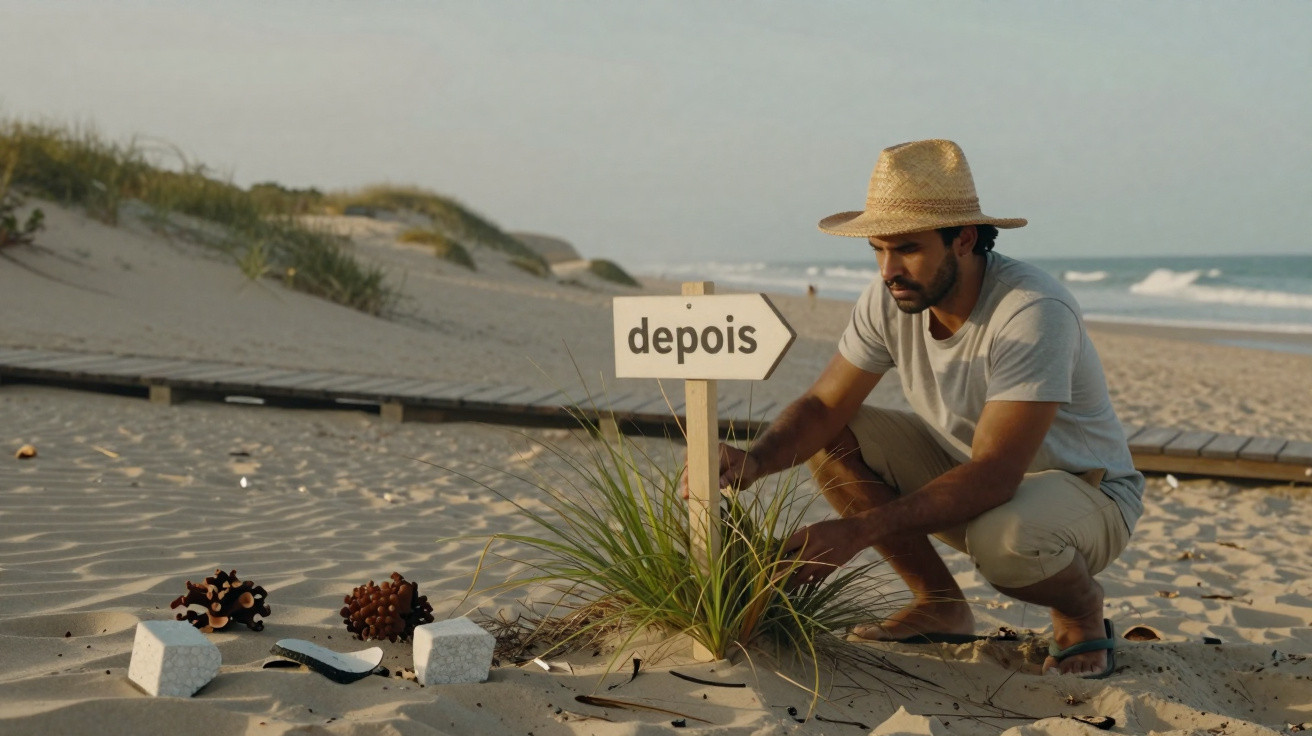 Homem de chapéu coloca placa com a palavra "depois" em planta na praia ao entardecer.