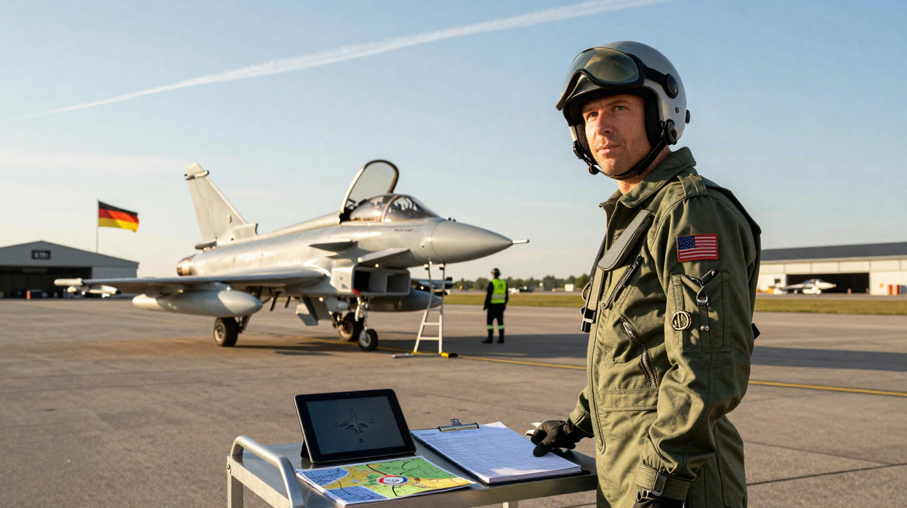 Piloto militar com uniforme e capacete ao lado de jato de combate estacionado na pista de aeroporto.