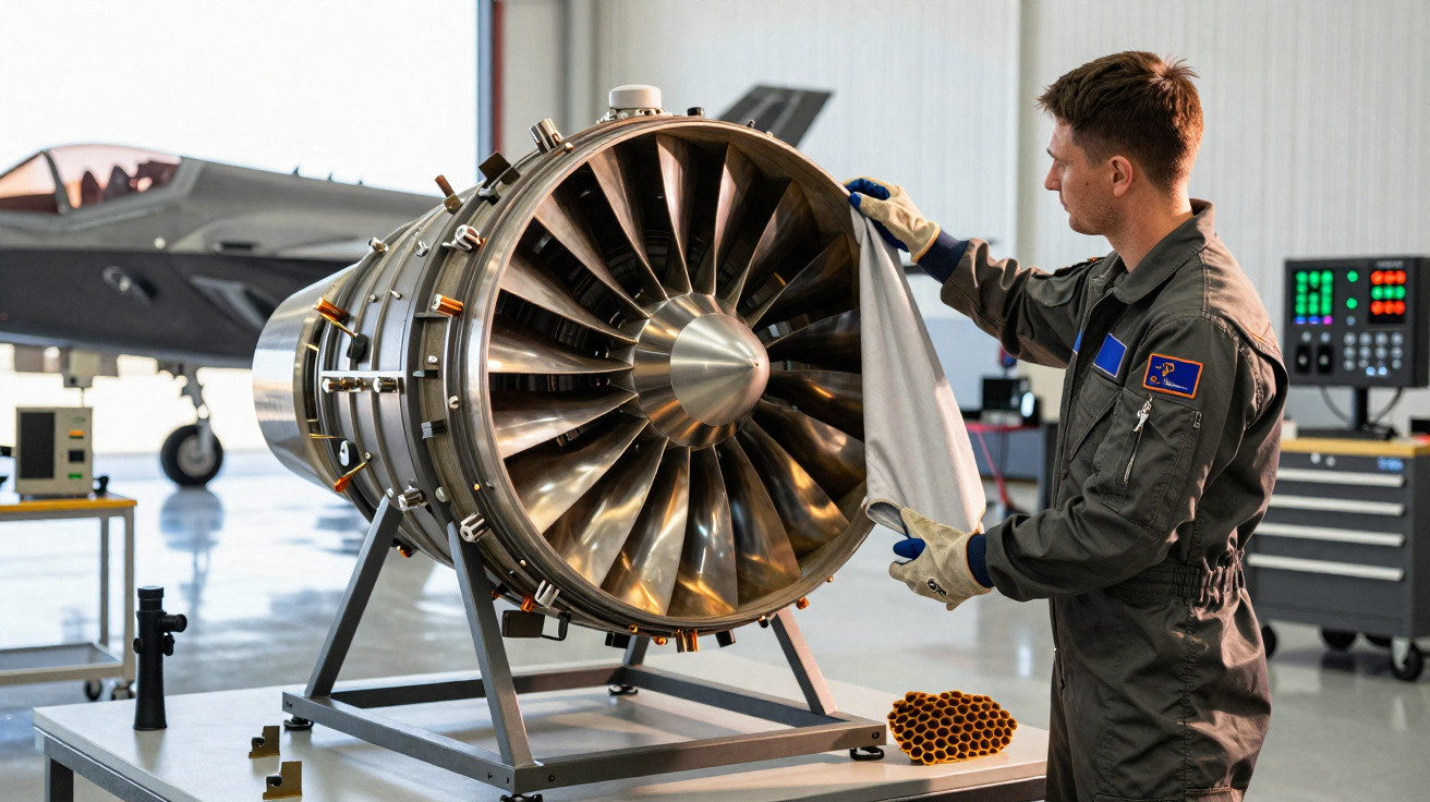 Técnico limpa motor de turbina de avião em hangar com jato ao fundo.