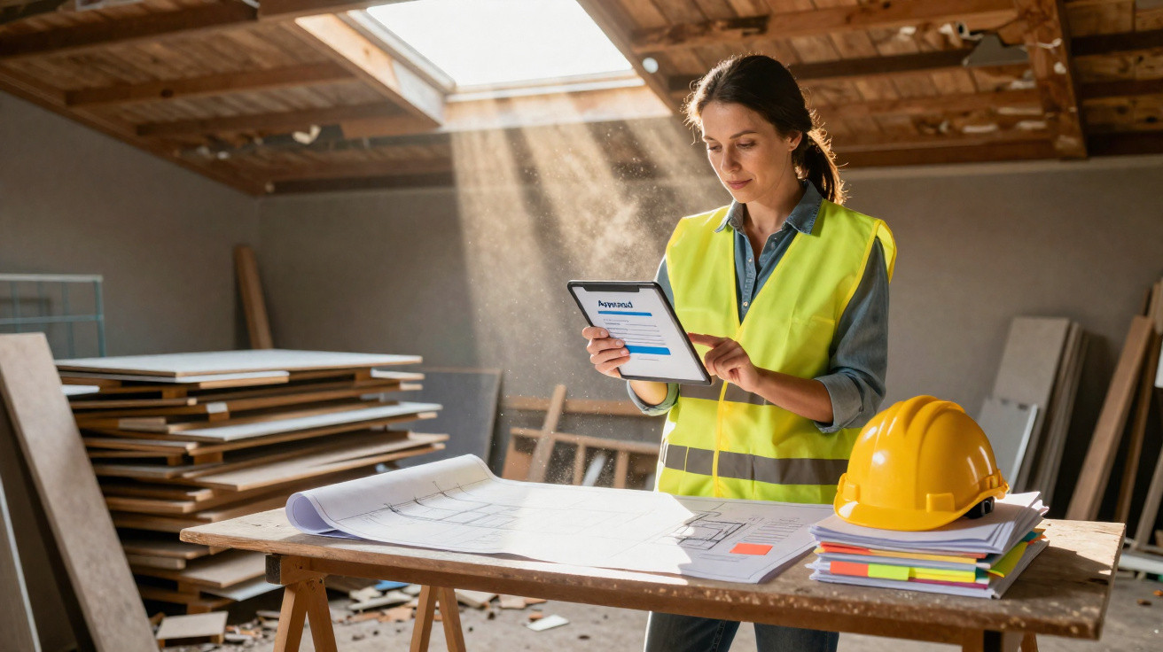 Mulher com colete refletivo usa tablet em canteiro de obras junto a planta e capacete amarelo.