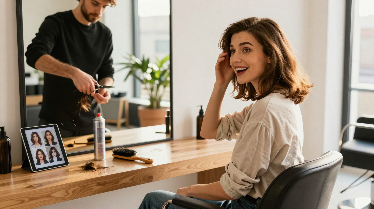 Mulher sorrindo sentada em salão de beleza enquanto cabeleireiro corta seu cabelo.