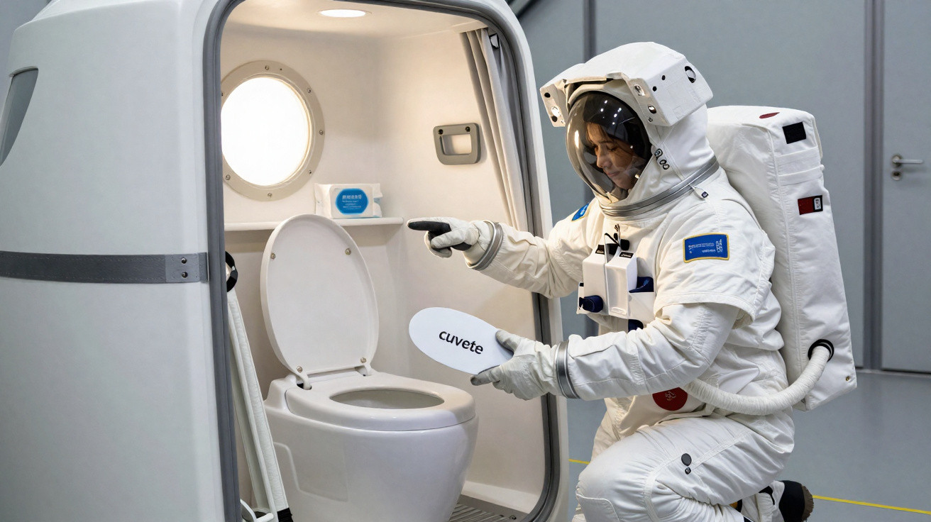 Astronauta simulando uso de banheiro espacial dentro de módulo fechado e iluminado.