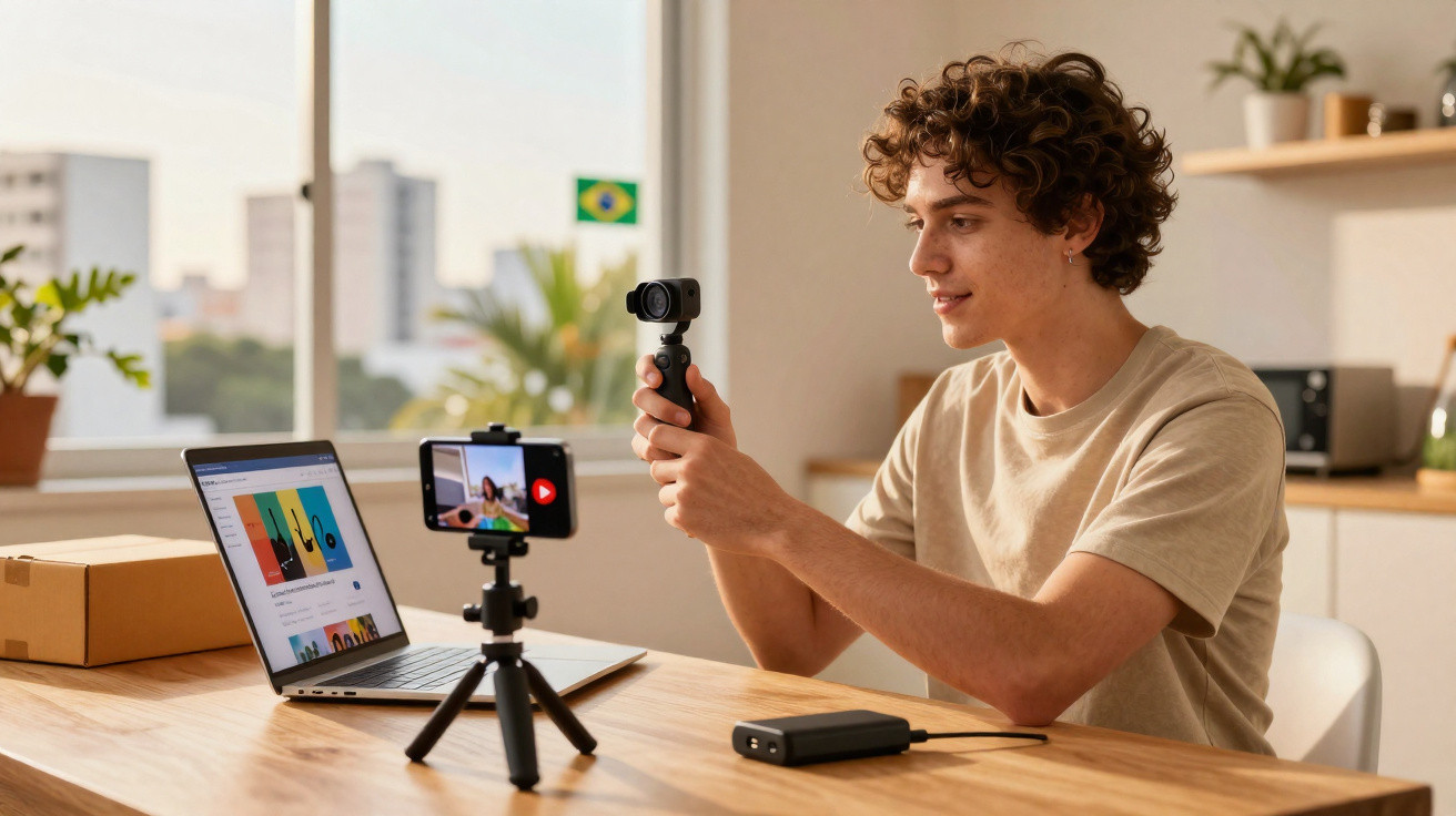Jovem grava vídeo em mesa com laptop, smartphone em tripé e câmera, em ambiente claro com plantas.