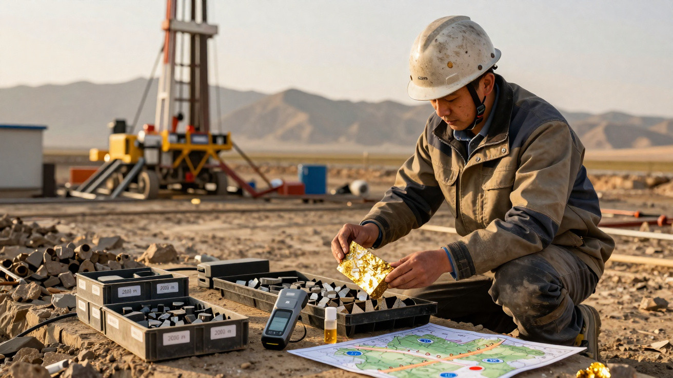 Geólogo ou minerador analisando amostra de ouro em ambiente de mineração a céu aberto.