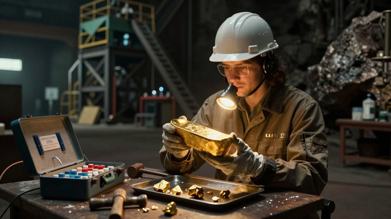 Homem de capacete branco examina barra de ouro em laboratório de mineração com ferramentas ao redor.