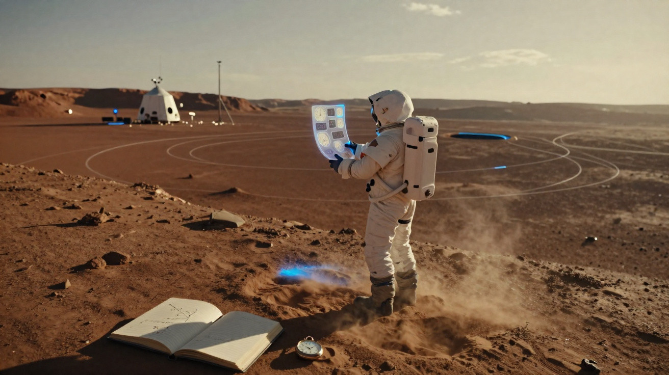 Astronauta em traje espacial analisa dados holográficos em superfície marciana com equipamento ao fundo.