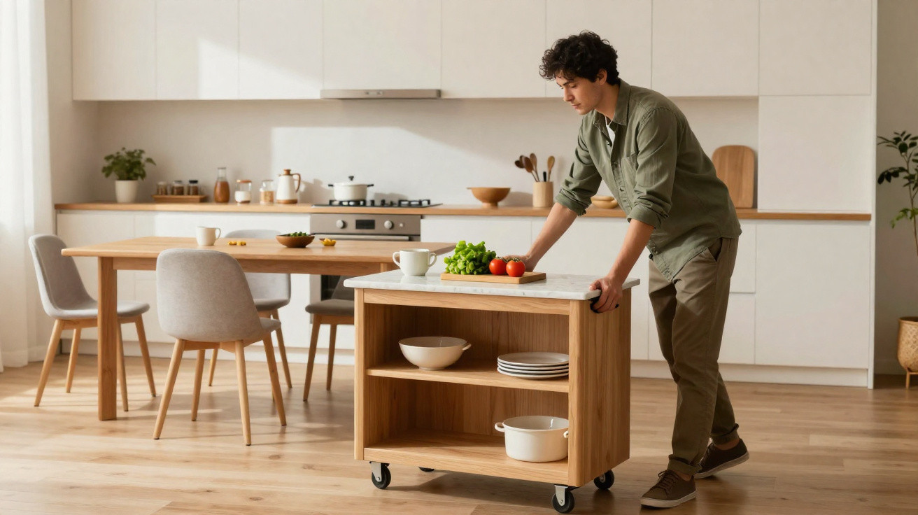 Homem empurrando carrinho de cozinha de madeira com vegetais em ambiente moderno e claro.