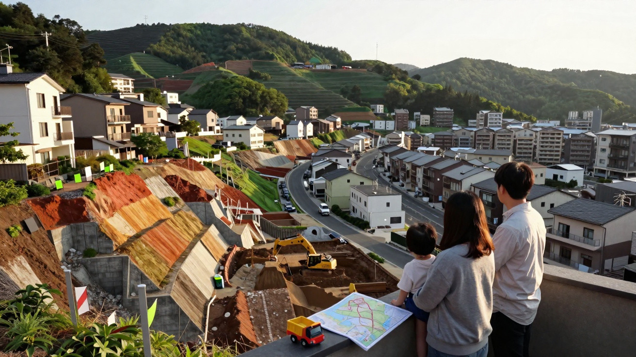 Família observa obra de contenção em encosta próxima a casas e estrada em área urbana montanhosa.