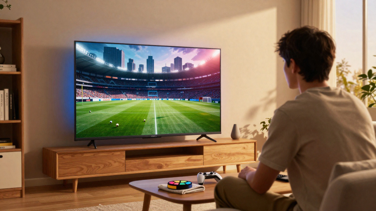 Jovem sentado assistindo a jogo de futebol em TV grande na sala de estar com luz natural.