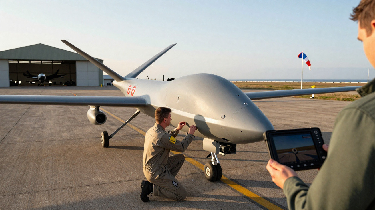 Homem ajusta drone militar cinza grande em pista de aeroporto com outro operador segurando controle remoto.