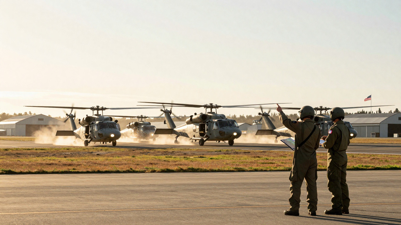 Helicópteros militares pousando em base aérea enquanto dois soldados observam ao fundo da pista.